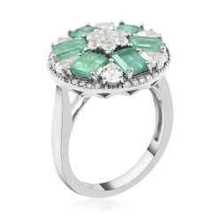 AAA Kagem Zambian Intense Green Emerald And Multi Gemstone Floral Ring In Rhodium Over Sterling Silver 4.35 Ctw -Jewelry store 6304078 3