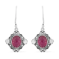 Artisan Crafted Niassa Ruby Carved And Polki Diamond Earrings In Sterling Silver 8.90 Ctw