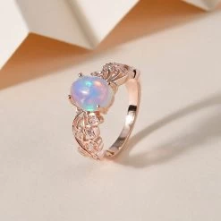 Premium Ethiopian Welo Opal And Uncut Natural Pink Diamond Ring In Vermeil Rose Gold Over Sterling Silver 1.50 Ctw -Jewelry store 7020365 1