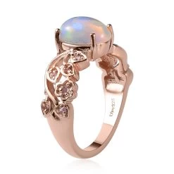 Premium Ethiopian Welo Opal And Uncut Natural Pink Diamond Ring In Vermeil Rose Gold Over Sterling Silver 1.50 Ctw -Jewelry store 7020365 3