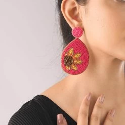 Handcrafted Magenta Seed Beaded Sunflower Design Earrings In Goldtone -Jewelry store 7021591 1