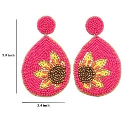 Handcrafted Magenta Seed Beaded Sunflower Design Earrings In Goldtone -Jewelry store 7021591 2