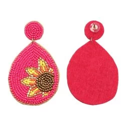 Handcrafted Magenta Seed Beaded Sunflower Design Earrings In Goldtone -Jewelry store 7021591 4
