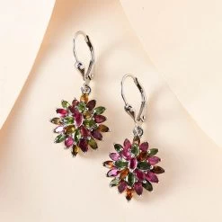 Multi-Tourmaline Floral Spray Earrings In Platinum Over Sterling Silver 4.40 Ctw -Jewelry store 7022504 1