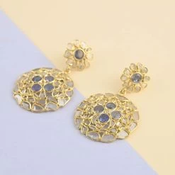 Polki Diamond And Tanzanite Round Flower Earrings In 14K Yellow Gold Over Sterling Silver 5.30 Ctw -Jewelry store 7025278 1