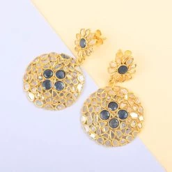 Polki Diamond And Blue Sapphire Round Flower Earrings In 14K Yellow Gold Over Sterling Silver 5.20 Ctw -Jewelry store 7025310 1