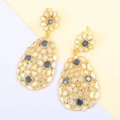 Polki Diamond And Blue Sapphire Oval Flower Earrings In 14K Yellow Gold Over Sterling Silver 7.50 Ctw -Jewelry store 7025349 1