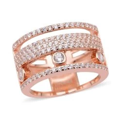 Sliding Simulated Diamond 3 Row Band Ring In 14K Rose Gold Over Sterling Silver 1.60 Ctw
