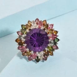 Hanabi Cut Zambian Amethyst And Multi-Tourmaline Firework Ring In Platinum Over Sterling Silver 7 Grams 15.90 Ctw -Jewelry store 7072553 1
