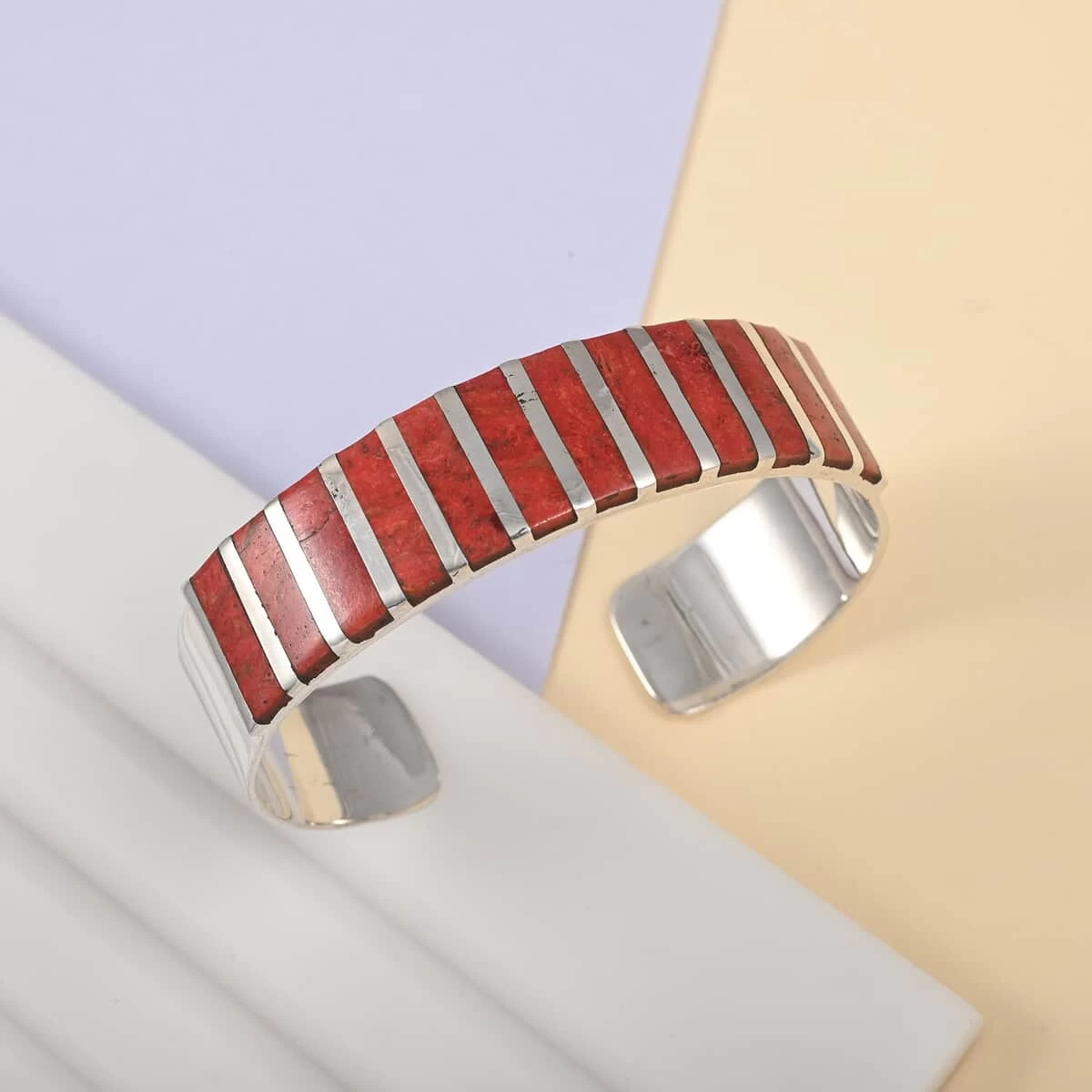 Santa Fe Style Coral Cuff Bracelet In Sterling Silver (6.00 In) 4 Santa Fe Style Coral Cuff Bracelet In Sterling Silver (6.00 In) - Image 2