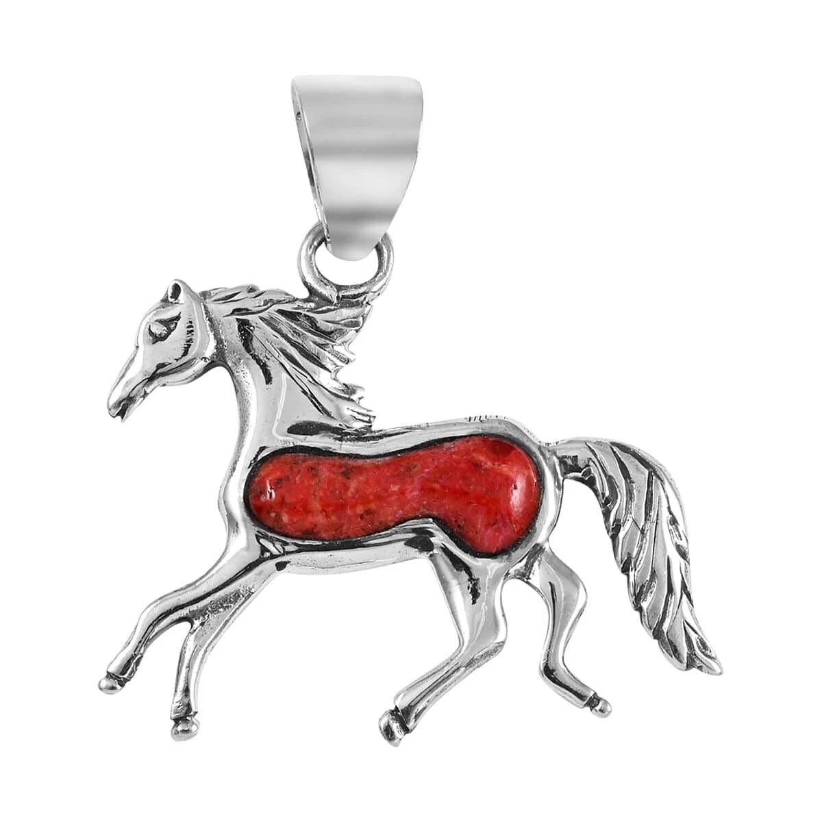 SANTA FE Style Coral Horse Pendant In Sterling Silver 3 SANTA FE Style Coral Horse Pendant In Sterling Silver