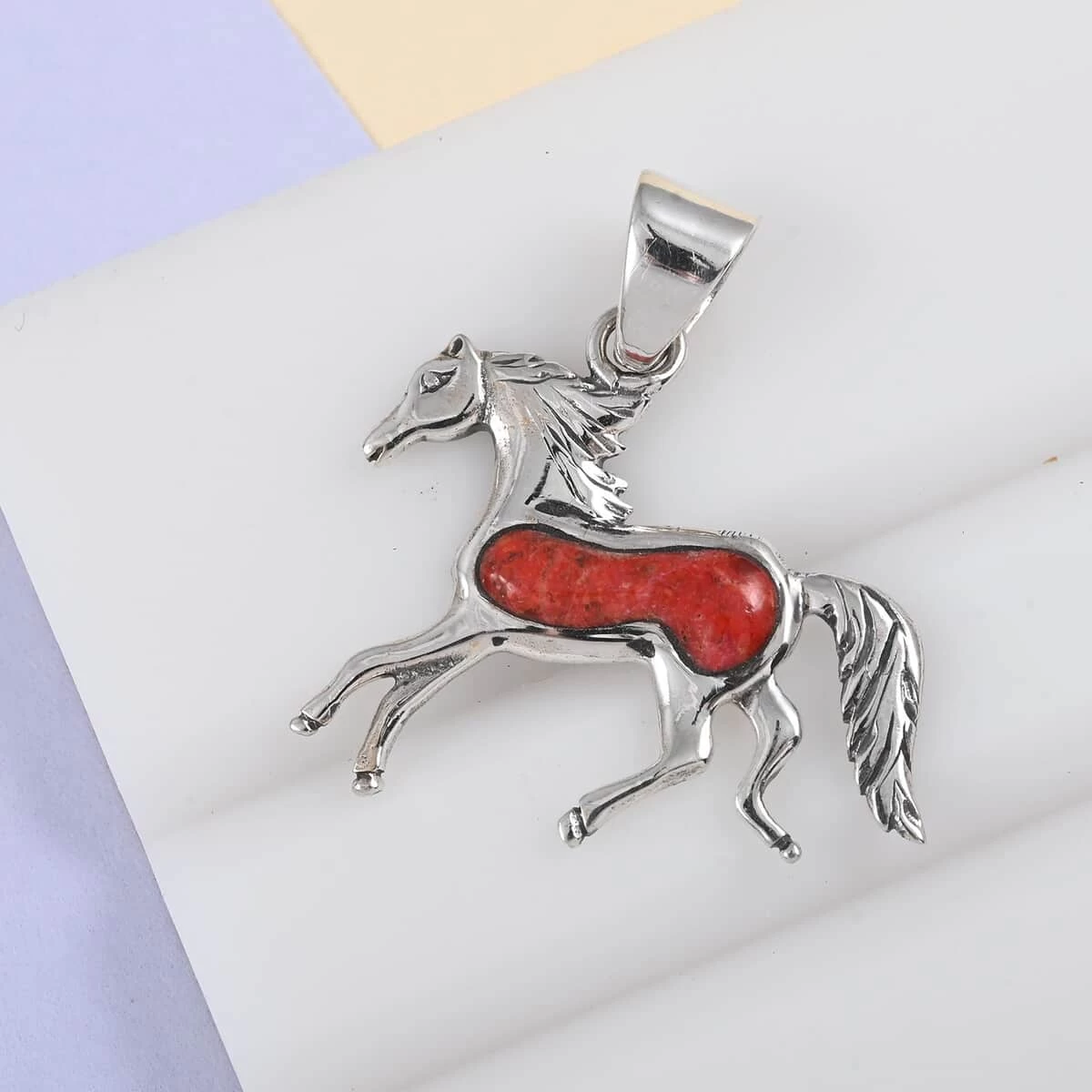 SANTA FE Style Coral Horse Pendant In Sterling Silver 4 SANTA FE Style Coral Horse Pendant In Sterling Silver - Image 2