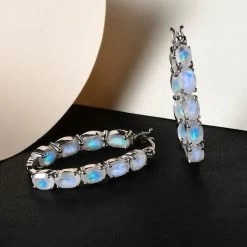 Premium Rainbow Moonstone, Diamond Accent Inside Out Hoop Earrings In Platinum Over Sterling Silver, Birthday Gifts For Her 8.25 Ctw -Jewelry store 7132606 1