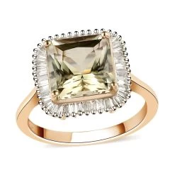 ILIANA 18K Yellow Gold Radiant Cut AAA Turkizite And G-H SI Diamond Halo Ring 4.25 Grams 4.65 Ctw