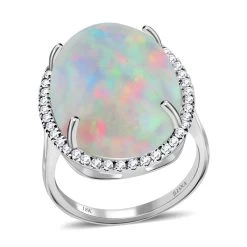 Certified & Appraised ILIANA 18K White Gold AAA Ethiopian Welo Opal, Diamond (G-H, SI) (0.54 Cts) Halo Ring (4.60 G) 13.40 Ctw