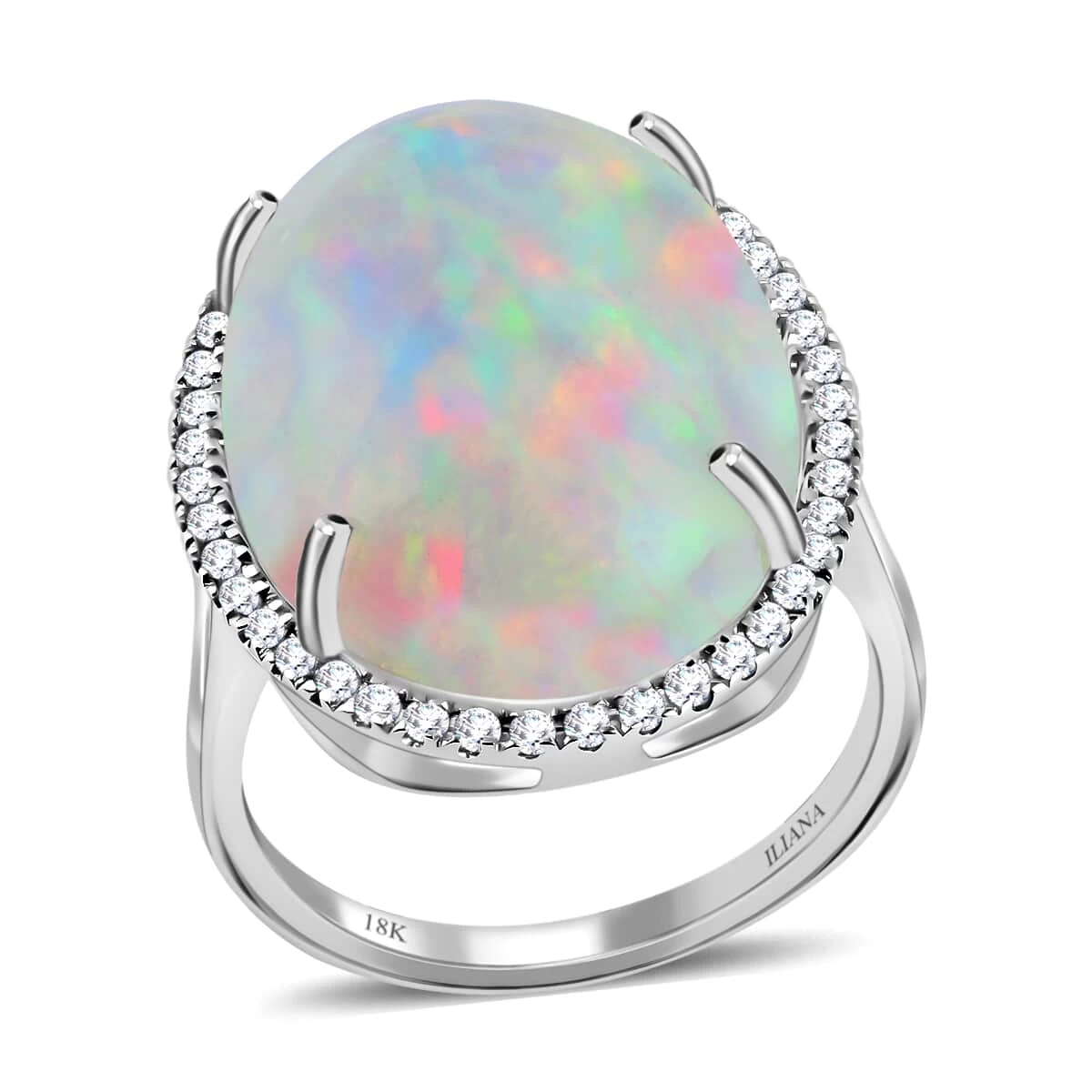 Certified & Appraised ILIANA 18K White Gold AAA Ethiopian Welo Opal, Diamond (G-H, SI) (0.54 Cts) Halo Ring (4.60 G) 13.40 Ctw 3 Certified & Appraised ILIANA 18K White Gold AAA Ethiopian Welo Opal, Diamond (G-H, SI) (0.54 Cts) Halo Ring (4.60 G) 13.40 Ctw