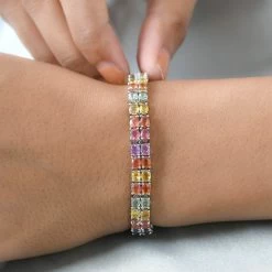 Multi Sapphire And Natural Thai Black Spinel Double-Row Double-Row Tennis Bracelet In Platinum Over Sterling Silver (7.25 In) 11.70 Grams 16.20 Ctw -Jewelry store 7157126 2