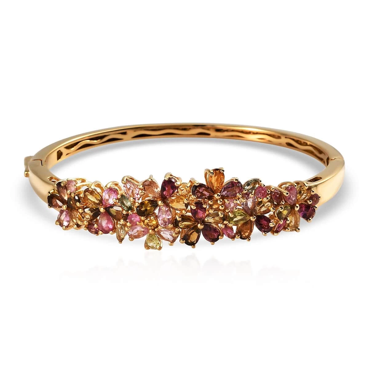 Multi-Tourmaline Floral Bangle Bracelet In Vermeil Yellow Gold Over Sterling Silver (6.50 In) 17.10 Grams 8.10 Ctw 3 Multi-Tourmaline Floral Bangle Bracelet In Vermeil Yellow Gold Over Sterling Silver (6.50 In) 17.10 Grams 8.10 Ctw