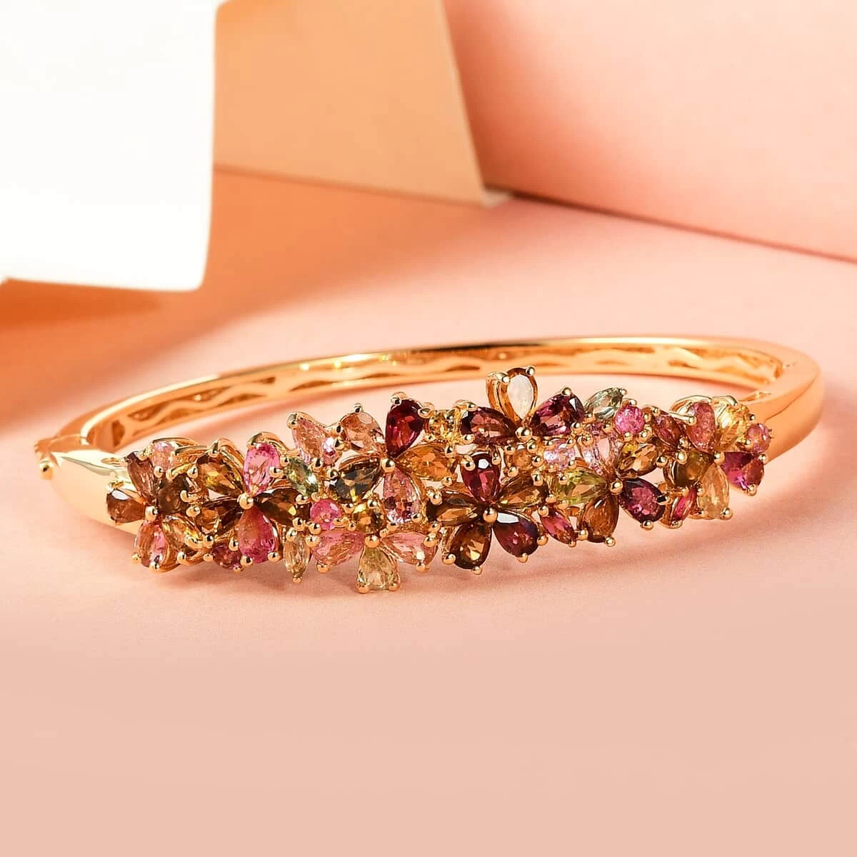 Multi-Tourmaline Floral Bangle Bracelet In Vermeil Yellow Gold Over Sterling Silver (6.50 In) 17.10 Grams 8.10 Ctw 4 Multi-Tourmaline Floral Bangle Bracelet In Vermeil Yellow Gold Over Sterling Silver (6.50 In) 17.10 Grams 8.10 Ctw - Image 2