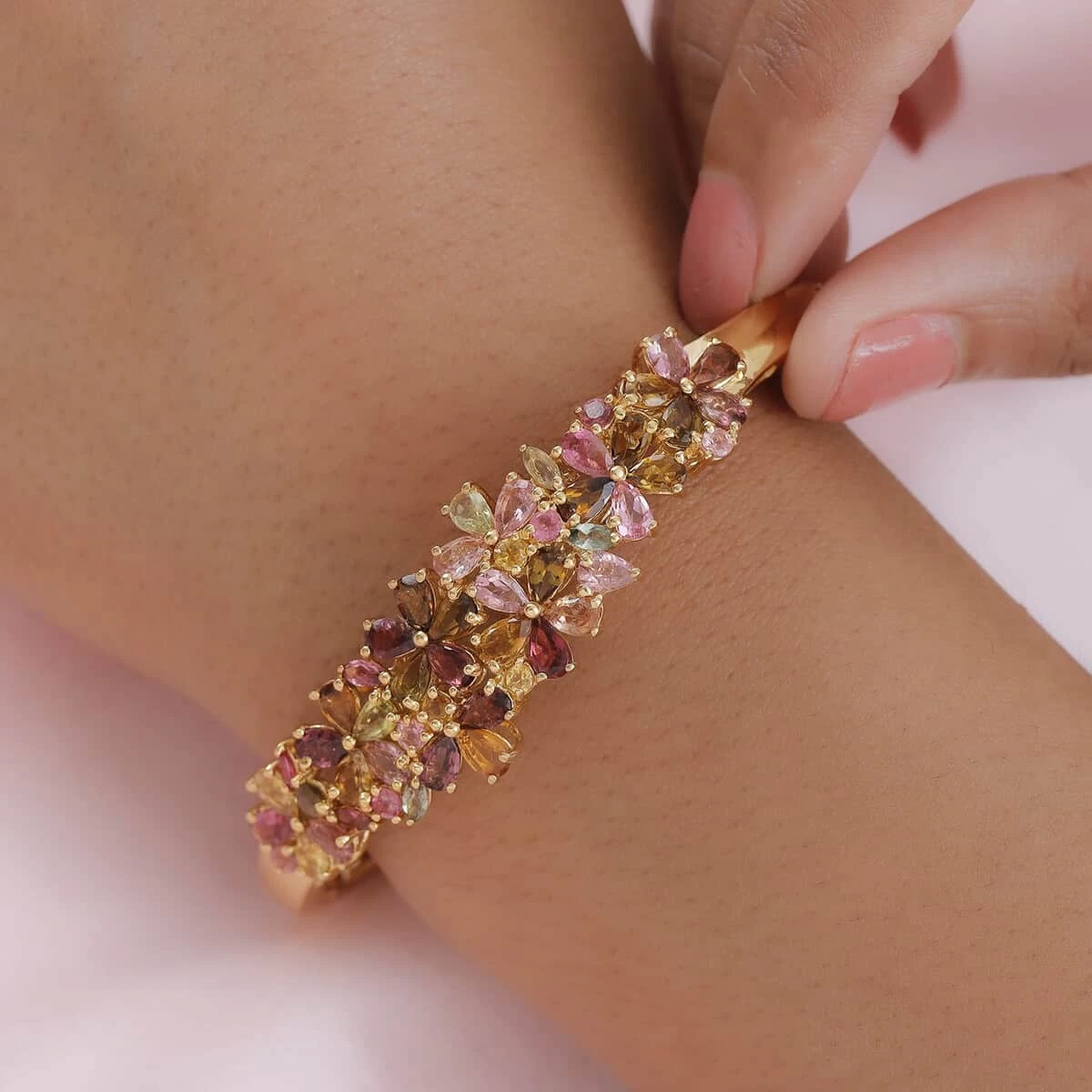 Multi-Tourmaline Floral Bangle Bracelet In Vermeil Yellow Gold Over Sterling Silver (6.50 In) 17.10 Grams 8.10 Ctw 5 Multi-Tourmaline Floral Bangle Bracelet In Vermeil Yellow Gold Over Sterling Silver (6.50 In) 17.10 Grams 8.10 Ctw - Image 3