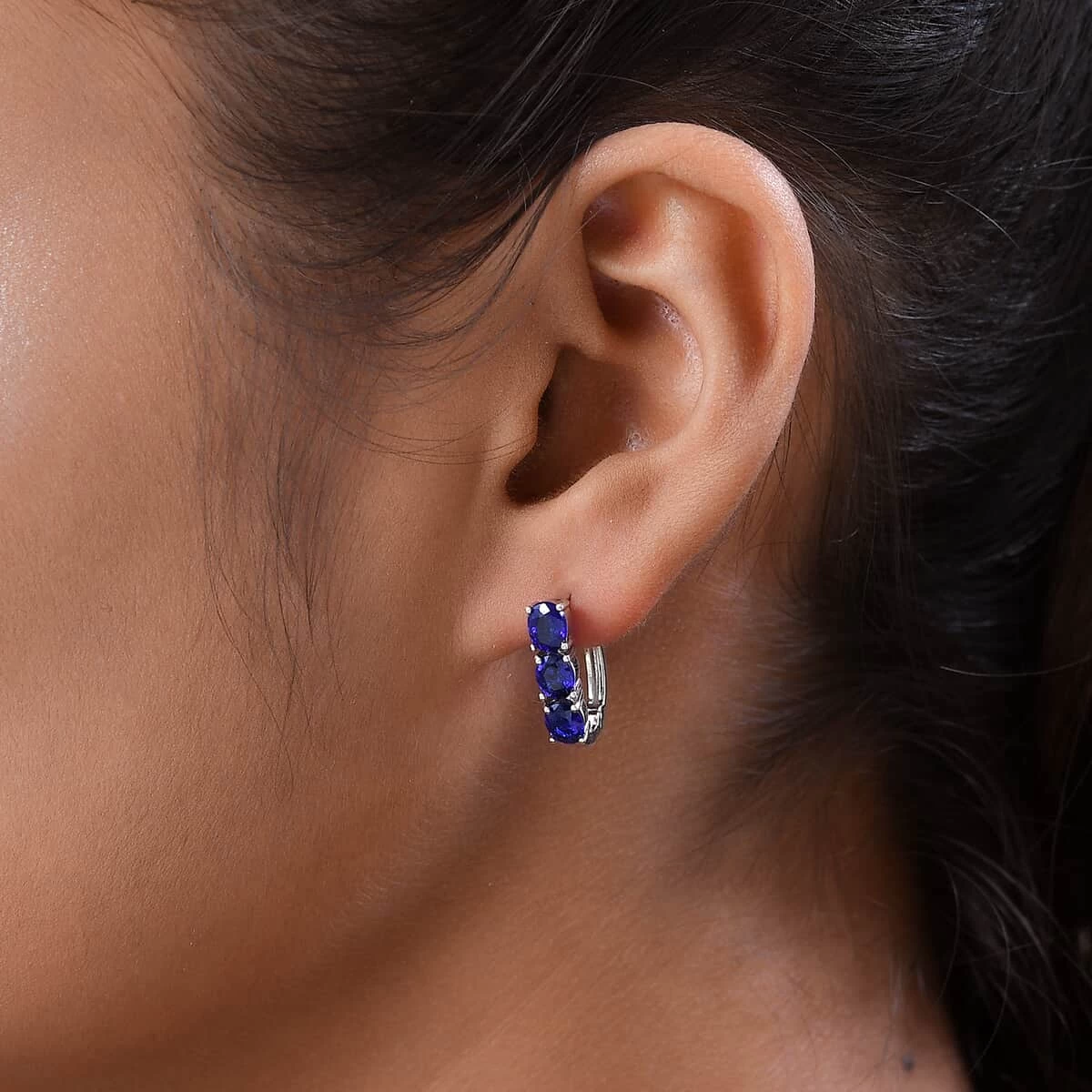 Tanzanian Blue Spinel (DF) Huggie Hoop Earrings In Platinum Over Sterling Silver 2.30 Ctw 5 Tanzanian Blue Spinel (DF) Huggie Hoop Earrings In Platinum Over Sterling Silver 2.30 Ctw - Image 3