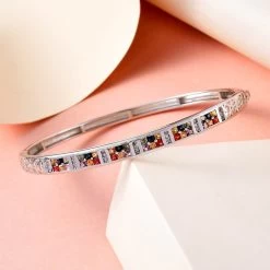 Multi Sapphire And Natural White Zircon Bangle Bracelet In Platinum Over Sterling Silver (6.50 In) 11.5 Grams 2.50 Ctw -Jewelry store 7163711 1