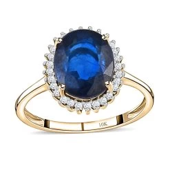 Luxoro Premium Tanzanian Blue Spinel Ring, Diamond Accent Ring, Diamond Halo Ring,10K Yellow Gold Ring 2.90 Ctw