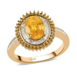 Madagascar Yellow Sapphire, Yellow And White Diamond (Natural & IR) (0.40 Cts) Double Halo Ring In Vermeil YG Over Sterling Silver 1.90 Ctw