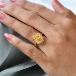 Madagascar Yellow Sapphire, Yellow And White Diamond (Natural & IR) (0.40 Cts) Double Halo Ring In Vermeil YG Over Sterling Silver 1.90 Ctw -Jewelry store 7172953 2