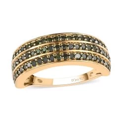 Green Diamond 3 Row Band Ring In Vermeil Yellow Gold Over Sterling Silver 1.00 Ctw