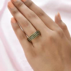 Green Diamond 3 Row Band Ring In Vermeil Yellow Gold Over Sterling Silver 1.00 Ctw -Jewelry store 7174645 2