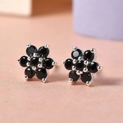 Natural Thai Black Spinel Floral Stud Earrings In Sterling Silver 1.00 Ctw -Jewelry store 7189690 1