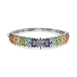 Multi Gemstone Bangle Bracelet In Platinum Over Sterling Silver (7.25 In) 22 Grams 11.90 Ctw