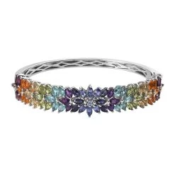 Multi Gemstone Bangle Bracelet In Platinum Over Sterling Silver (6.50 In) 11.15 Ctw