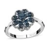 Blue Diamond Floral Ring, Rhodium & Platinum Over Sterling Silver Ring, Blue Diamond Cluster Ring, Rings For Her 0.25 Ctw -Jewelry store 7193143