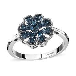 Blue Diamond Floral Ring, Rhodium & Platinum Over Sterling Silver Ring, Blue Diamond Cluster Ring, Rings For Her 0.25 Ctw
