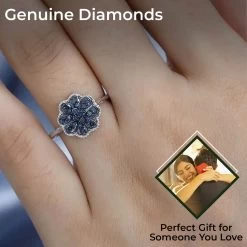 Blue Diamond Floral Ring, Rhodium & Platinum Over Sterling Silver Ring, Blue Diamond Cluster Ring, Rings For Her 0.25 Ctw -Jewelry store 7193143 2