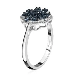 Blue Diamond Floral Ring, Rhodium & Platinum Over Sterling Silver Ring, Blue Diamond Cluster Ring, Rings For Her 0.25 Ctw -Jewelry store 7193143 4