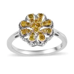 Yellow Diamond Floral Ring, Rhodium & Platinum Over Sterling Silver Ring, Yellow Diamond Cluster Ring, Rings For Her 0.25 Ctw
