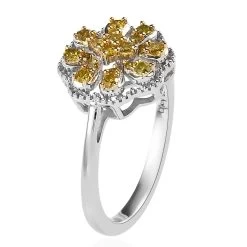 Yellow Diamond Floral Ring, Rhodium & Platinum Over Sterling Silver Ring, Yellow Diamond Cluster Ring, Rings For Her 0.25 Ctw -Jewelry store 7193165 4