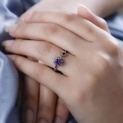 Amethyst February Birthstone Anxiety Spinner Openable Band Ring In Platinum Over Sterling Silver (Large Adjustable Size 9-11) 0.60 Ctw -Jewelry store 7193637 2