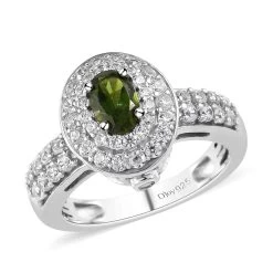 Premium Tanzanian Natural Chrome Tourmaline And Natural White Zircon Double Halo Ring In Platinum Over Sterling Silver 1.10 Ctw