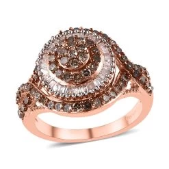 Natural Champagne And White Diamond Ring In Rhodium & Vermeil Rose Gold Over Sterling Silver 1.00 Ctw
