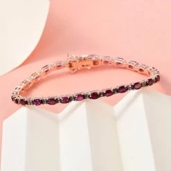 Premium American Arizona Anthill Garnet, Natural Champagne Diamond (0.30 Cts) Tennis Bracelet In Vermeil RG Over Sterling Silver (6.50 In) (7.40 G) 7.40 Ctw -Jewelry store 7196321 1