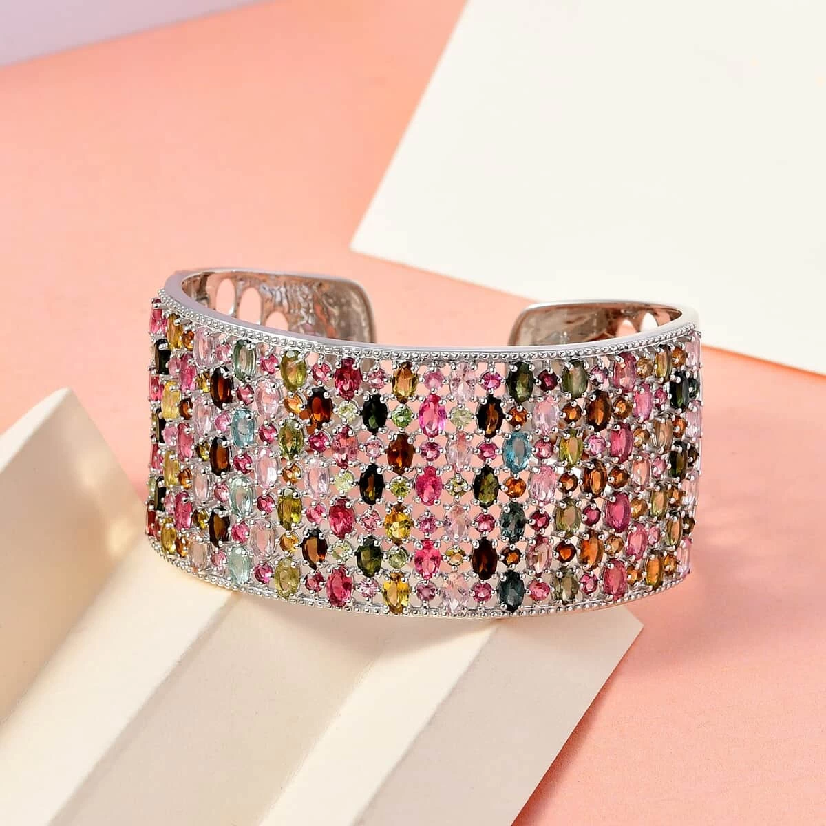 Multi Tourmaline Bracelet, Silver Cuff Bracelet , Sterling Silver Bracelet , Cuff Bracelet For Women (7.25 In) 26.35 Ctw 4 Multi Tourmaline Bracelet, Silver Cuff Bracelet , Sterling Silver Bracelet , Cuff Bracelet For Women (7.25 In) 26.35 Ctw - Image 2