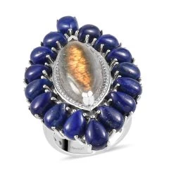 Madagascar Fire Labradorite, Lapis Lazuli Cocktail Ring In Platinum Over Sterling Silver (10.85 G) 23.75 Ctw