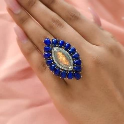 Madagascar Fire Labradorite, Lapis Lazuli Cocktail Ring In Platinum Over Sterling Silver (10.85 G) 23.75 Ctw -Jewelry store 7197767 2