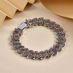 Multi Color Austrian Crystal Curb Link Bracelet In Silvertone (7.50 In) -Jewelry store 7210879 1
