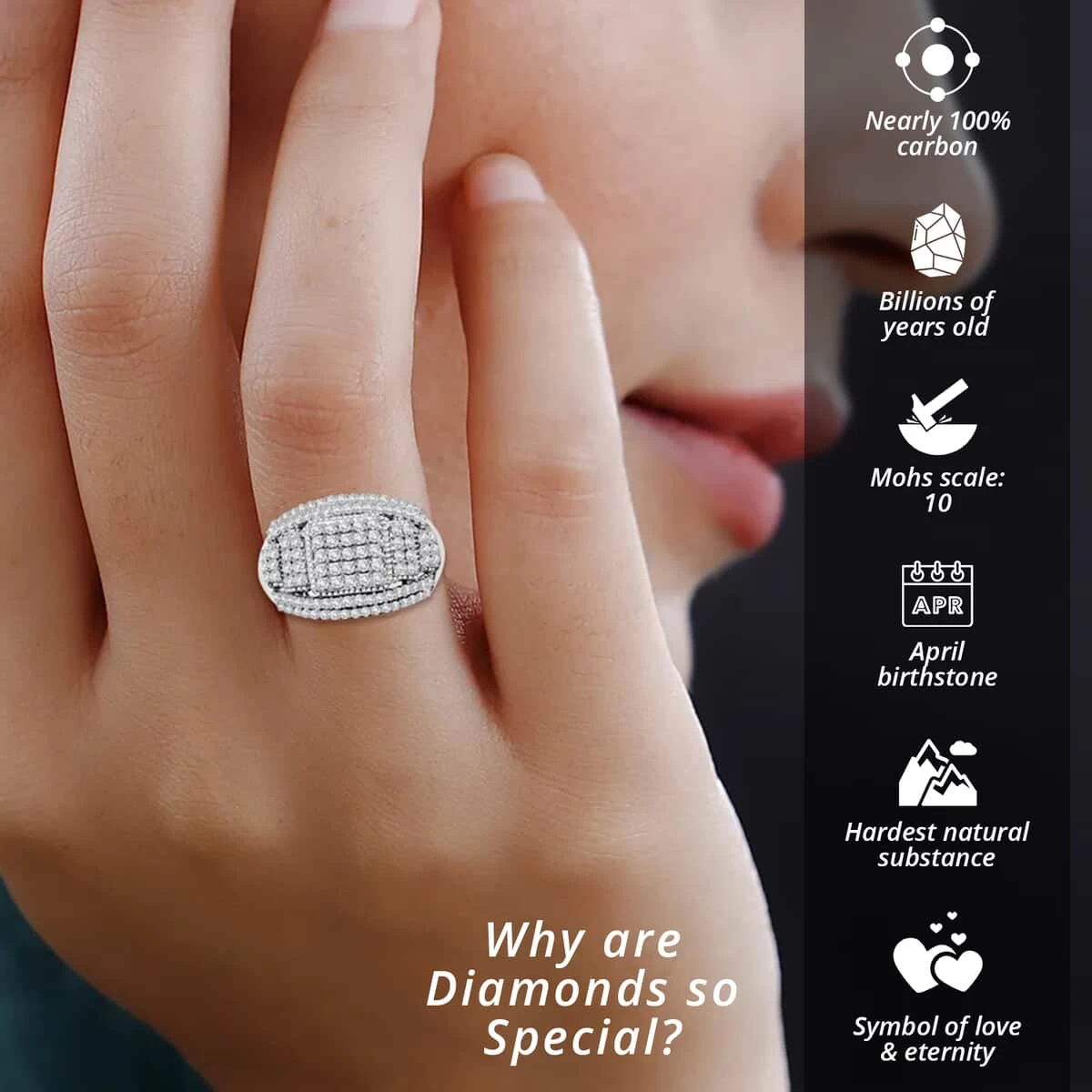 Diamond Deco Cluster Ring, Diamond Ring, Diamond Cluster Ring, Platinum Over Sterling Silver Ring 1.10 Ctw 5 Diamond Deco Cluster Ring, Diamond Ring, Diamond Cluster Ring, Platinum Over Sterling Silver Ring 1.10 Ctw - Image 3