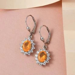 Jalisco Fire Opal And White Zircon Sunburst Lever Back Earrings In Platinum Over Sterling Silver 3.35 Ctw -Jewelry store 7224730 1